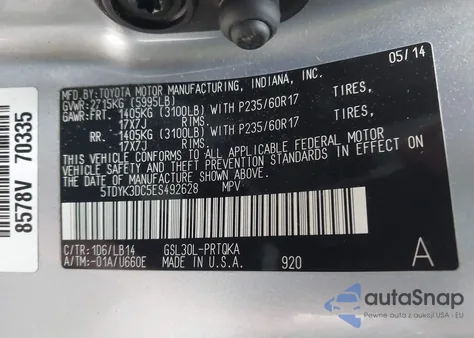 2014 Toyota Sienna Xle V6 8 Passenger z USA, uszkodzony, nr VIN 5TDYK3DC5ES492628